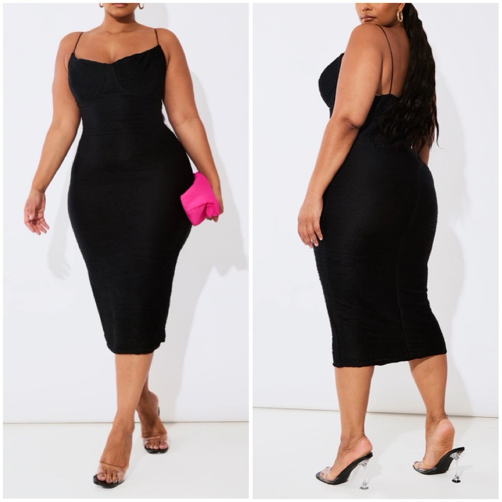 PrettyLittleThing Plus Black Textured Strappy Midi